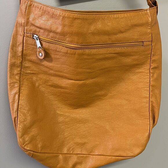 Genuine Leather Camel Shoulder Purse w/ Braided Accent & Silver-Tone Hardware - Picture 3 of 16